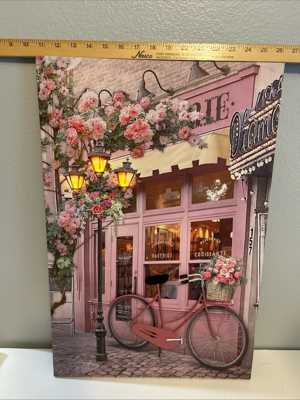Whimsical canvas light up  3 D bicycle wall art. Lamp post lights up. 2Aa batt